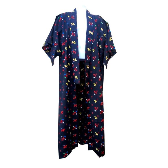 Vintage Black Kimono Abstract Floral Wool Blend Hand Stitched NWOT Dead Stock - Picture 4 of 9